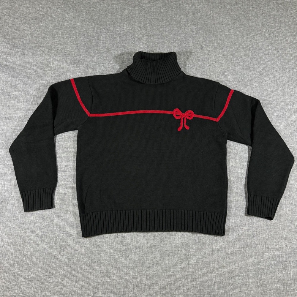 VTG Liz Claiborne Liz Sport Turtleneck Womens L Black Red Bow Coquette Sweater